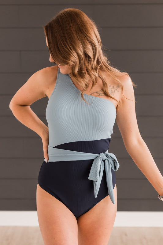 The Colorblock Swimsuit- Gray/Navy