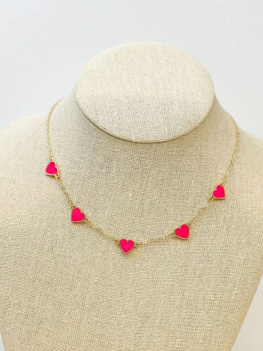 Classic Pink Heart Enamel Station Necklace