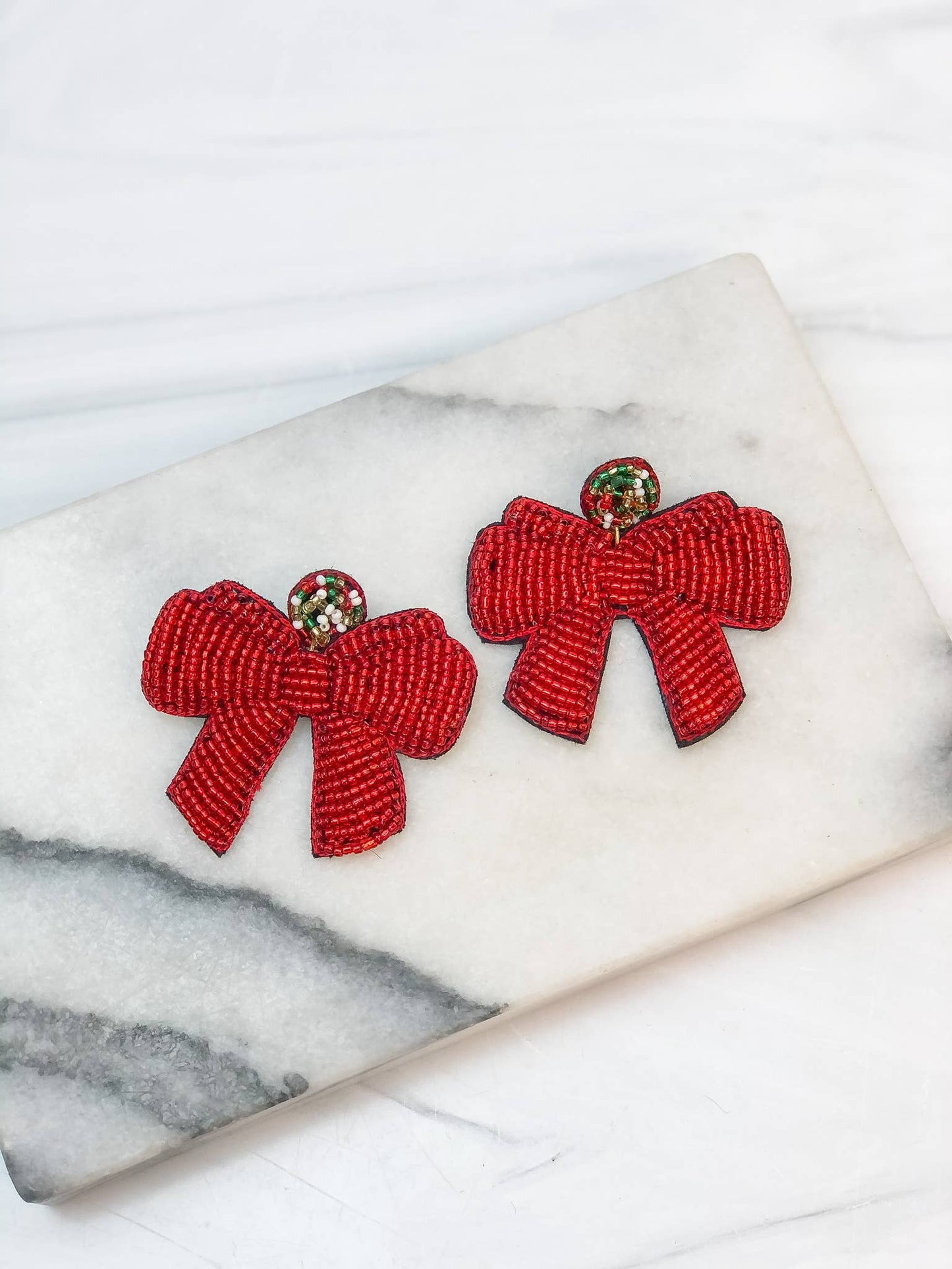 Beaded Red Ribbon Holiday Statement Earrings