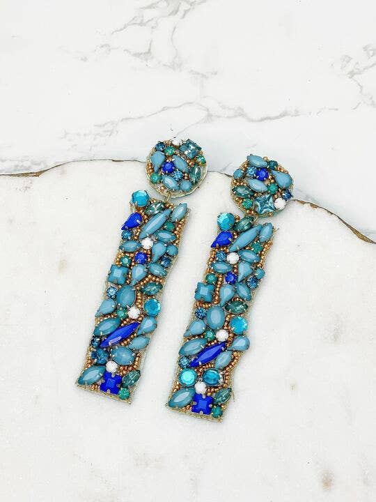 Blue Multi Jewel Rectangle Dangle Earrings