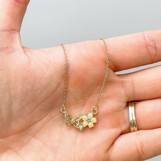 Opal Gold Butterfly Flower Necklace