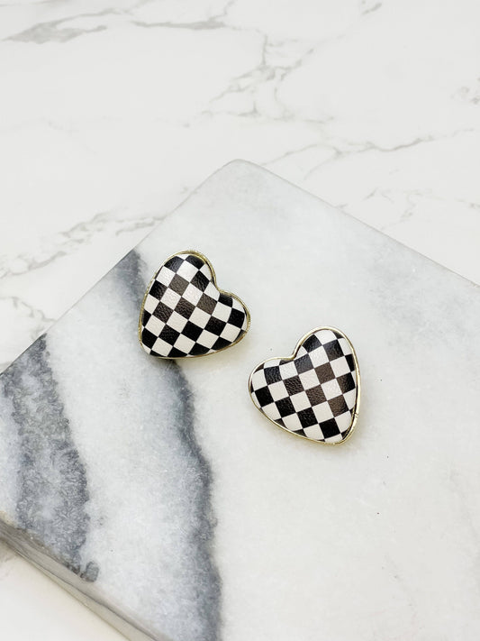 Checkerboard Heart Stud Earrings