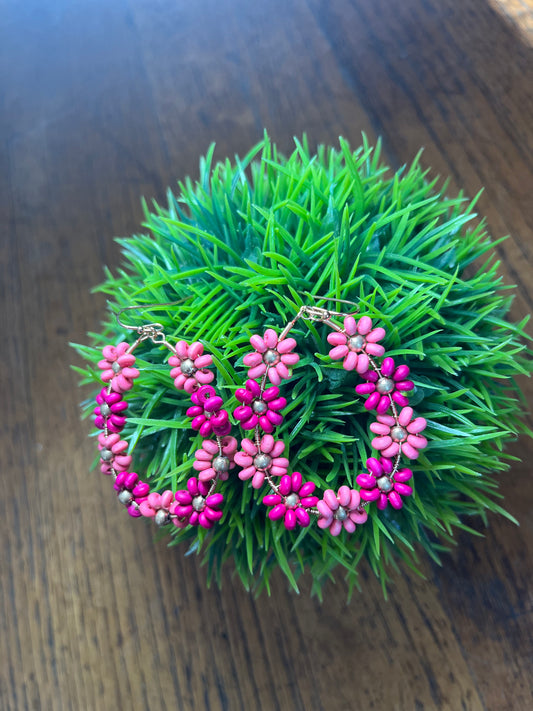 Magenta Daisy Oval Drop Earrings